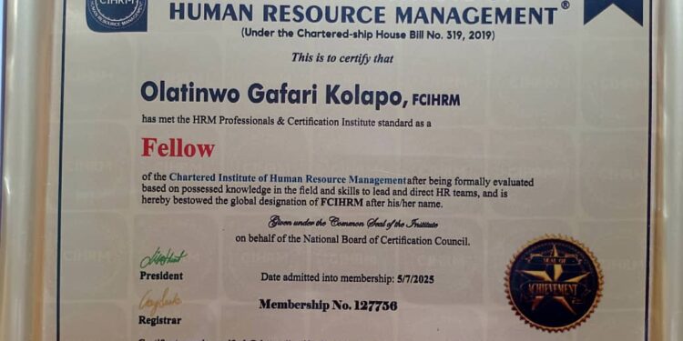 Federal Poly Ayede Deputy Registrar, Olatinwo, Inducted as CIHRM Fellow