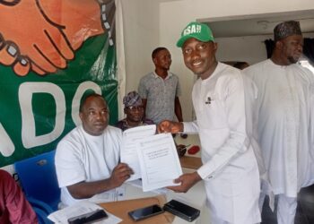 ADC Presents INEC Nomination Form to Ogbomoso South Assembly Candidate, Booda Sunday Adeyemo. 